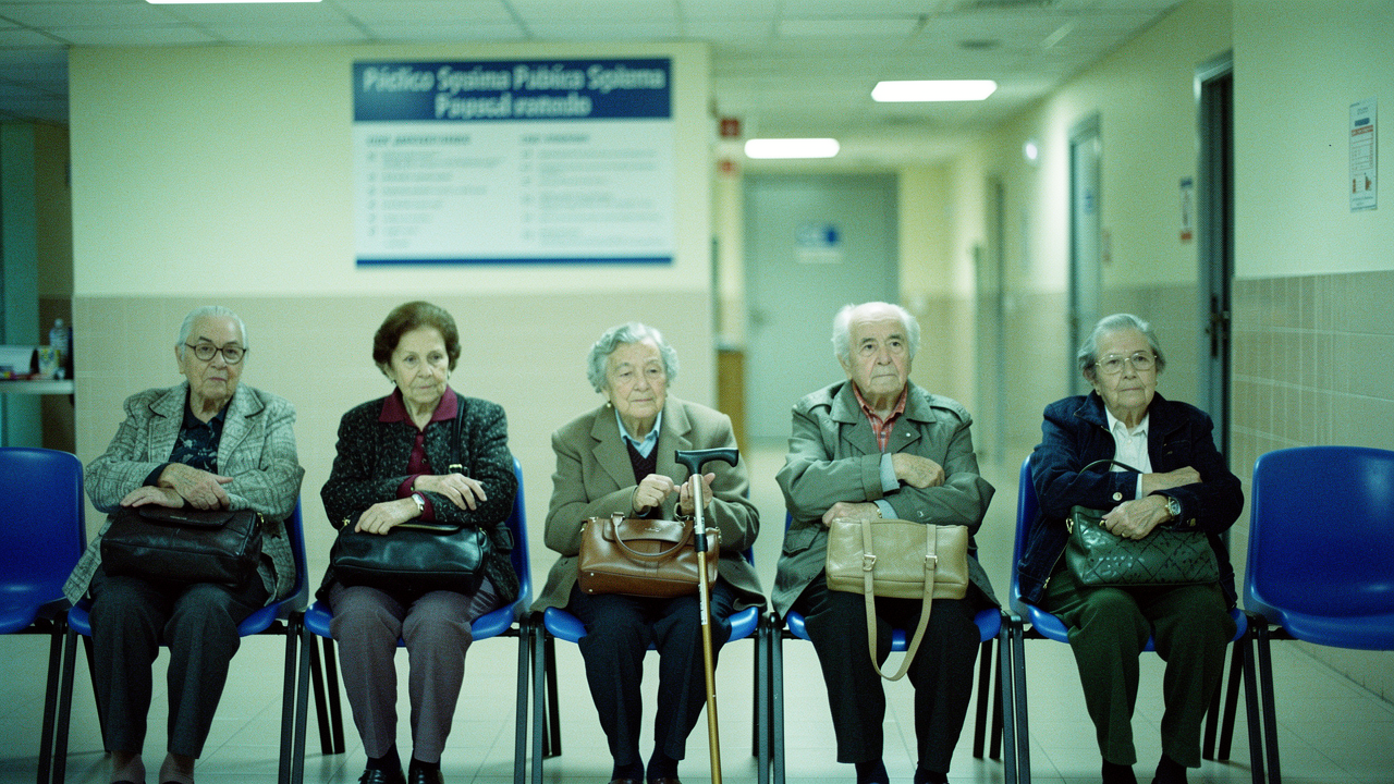 Sala de espera de ambulatorio público español con personas mayores sentadas