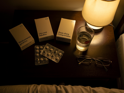 Mesilla de noche con cajas y blísters de pastillas