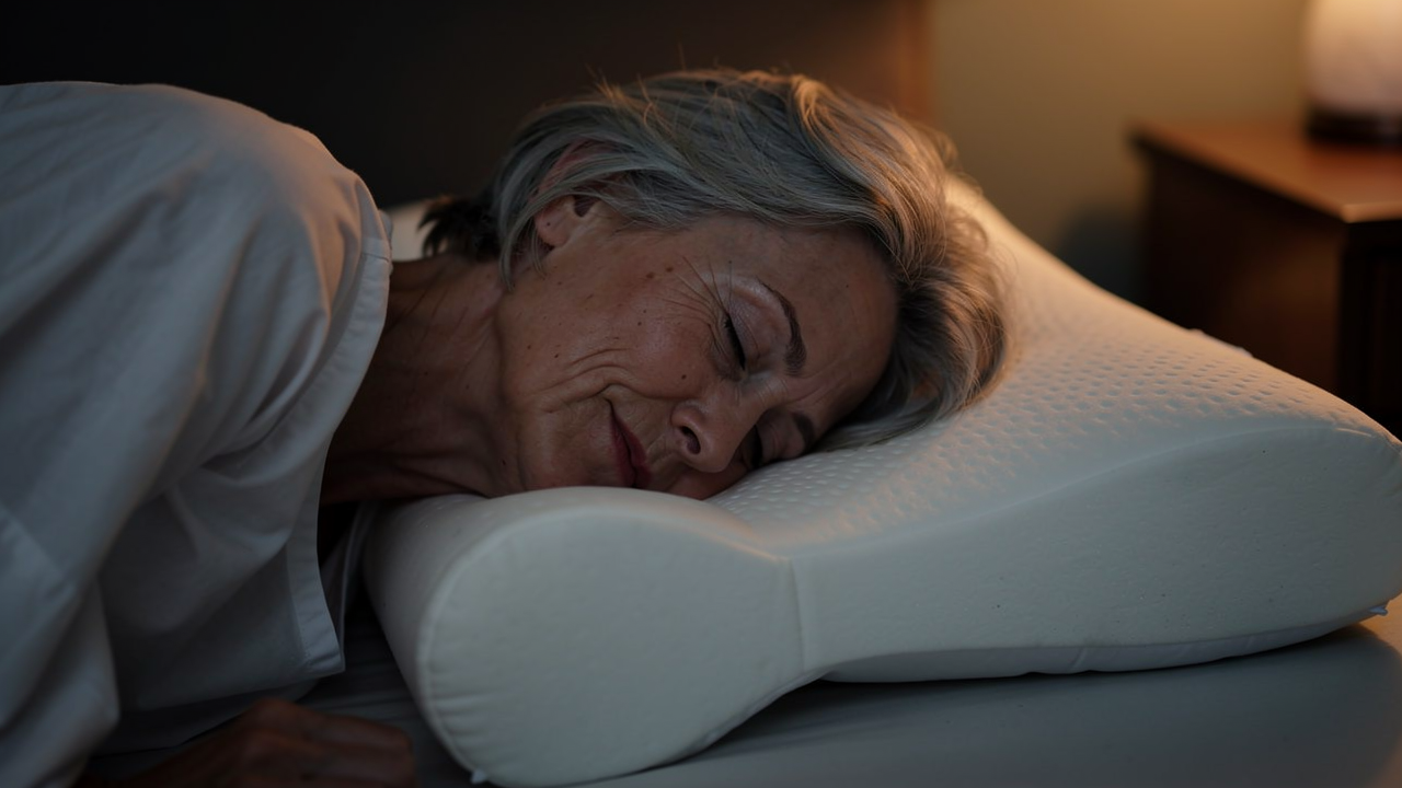 Mujer mayor durmiendo plácidamente con el cuello apoyado en el reborde de la comfortsleep