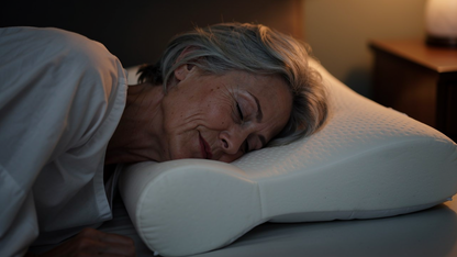 Mujer mayor durmiendo plácidamente con el cuello apoyado en el reborde de la comfortsleep