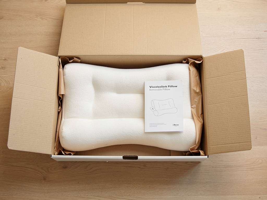 Caja abierta de comfortsleep mostrando almohada, funda removible y folleto