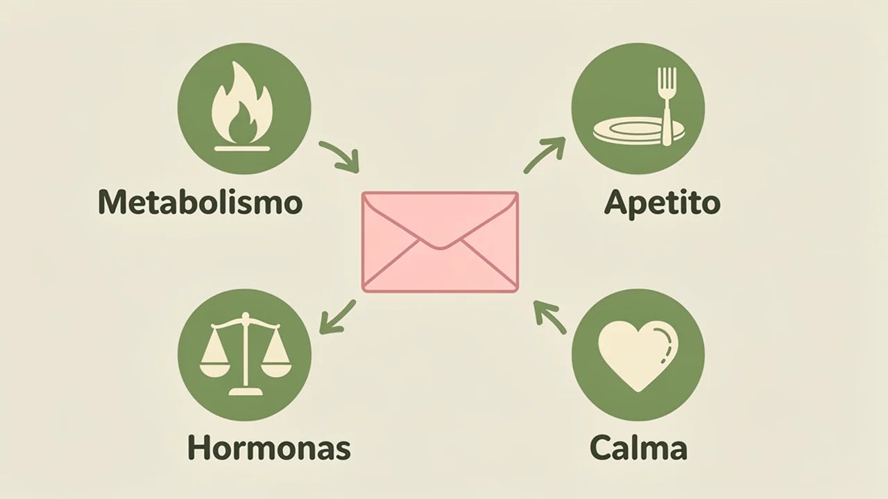 Diagrama de los cuatro frentes: metabolismo, apetito, hormonas y calma