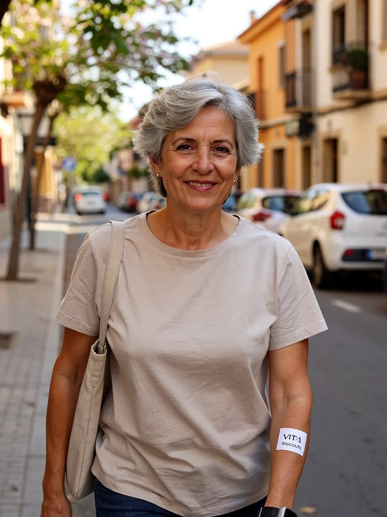 Mujer de 57 anos paseando tranquila con el parche bajo la manga