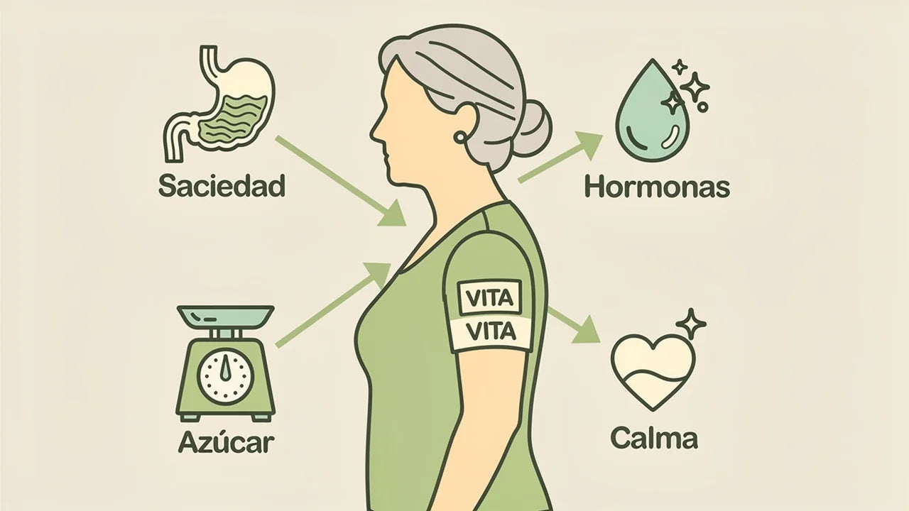 Diagrama del parche actuando sobre saciedad, hormonas, azucar y calma