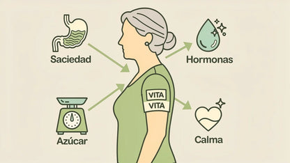 Diagrama del parche actuando sobre saciedad, hormonas, azucar y calma