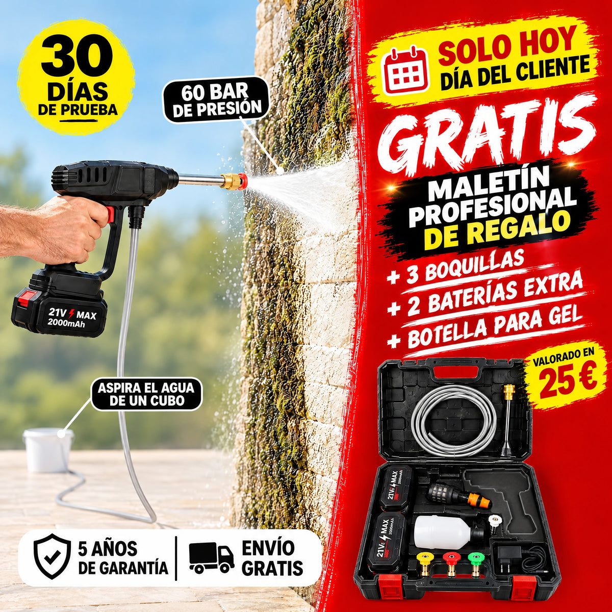 Hidrolavadora WaterJET PRO: hoy, maletín profesional de regalo con 3 boquillas, 2 baterías extra y botella para gel · 30 días de prueba · 5 años de garantía · envío gratis